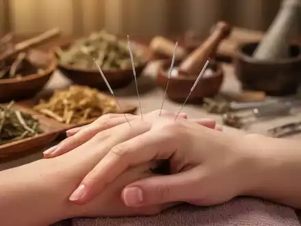 Nahaufnahme von Akupunkturnadeln in einer Hand, mit Kräutern und TCM-Instrumenten im unscharfen Hintergrund. - Foto: über boerse-global.de