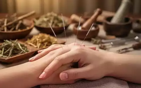 Nahaufnahme von Akupunkturnadeln in einer Hand, mit Kräutern und TCM-Instrumenten im unscharfen Hintergrund. - Foto: über boerse-global.de
