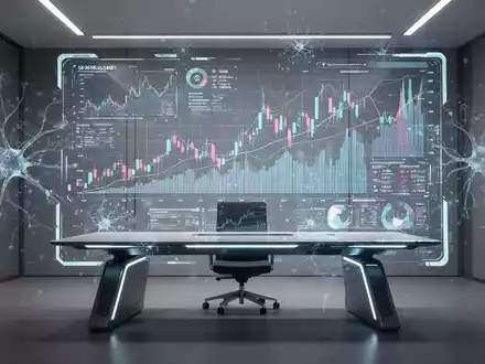 Holografische Schnittstelle mit Finanzdiagrammen und KI-Netzwerkmustern in einem modernen Büro, symbolisiert die Rolle der KI im Geschäftsmanagement. - Foto: über boerse-global.de