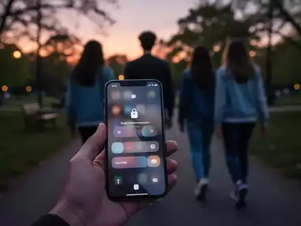 Eine Hand hält ein Smartphone mit einem Sperrbildschirm, im Hintergrund verschwommen drei Jugendliche bei Dämmerung in einem Park. - Foto: über boerse-global.de