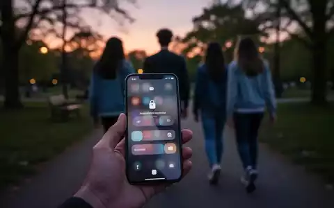 Eine Hand hält ein Smartphone mit einem Sperrbildschirm, im Hintergrund verschwommen drei Jugendliche bei Dämmerung in einem Park. - Foto: über boerse-global.de