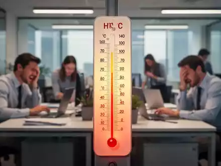 Ein Thermometer in einem modernen Büro zeigt hohe Temperaturen an, während im Hintergrund verschwommen arbeitende Personen zu sehen sind. - Foto: über boerse-global.de