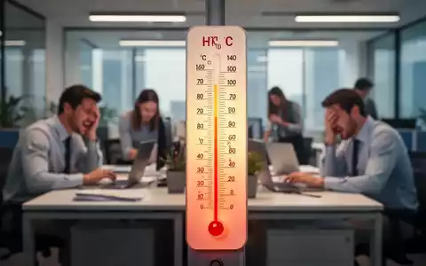 Ein Thermometer in einem modernen Büro zeigt hohe Temperaturen an, während im Hintergrund verschwommen arbeitende Personen zu sehen sind. - Foto: über boerse-global.de