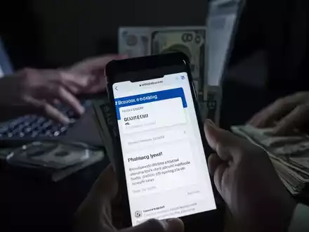 Ein Smartphone zeigt eine betrügerische Webseite, im Hintergrund sind unscharf Hände und Bargeld zu sehen, was Betrug darstellt. - Foto: über boerse-global.de