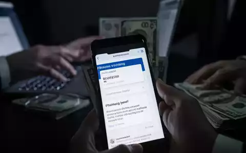 Ein Smartphone zeigt eine betrĂŒgerische Webseite, im Hintergrund sind unscharf HĂ€nde und Bargeld zu sehen, was Betrug darstellt. - Foto: ĂŒber boerse-global.de