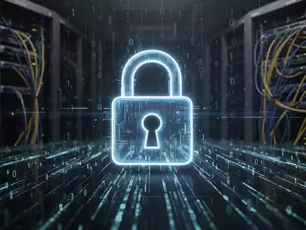 Leuchtendes Vorhängeschloss-Symbol über abstrakter digitaler Landschaft mit Binärcode, symbolisiert Datenlecks und Cybersicherheitsbedrohungen. - Foto: über boerse-global.de