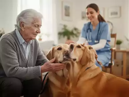 Eine ältere Person mit Demenz streichelt sanft einen Therapiehund, mit einer verschwommenen Pflegekraft im Hintergrund. - Foto: über boerse-global.de