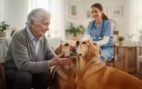 Eine ältere Person mit Demenz streichelt sanft einen Therapiehund, mit einer verschwommenen Pflegekraft im Hintergrund. - Foto: über boerse-global.de