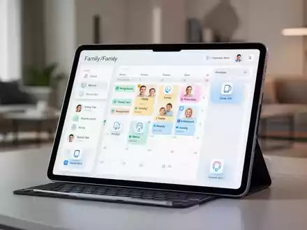 Schlankes Tablet mit digitaler Familien-App, bunten Aufgaben-Icons und Smart-Home-Geräten in einem modernen Zuhause. - Foto: über boerse-global.de