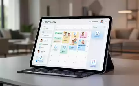 Schlankes Tablet mit digitaler Familien-App, bunten Aufgaben-Icons und Smart-Home-Geräten in einem modernen Zuhause. - Foto: über boerse-global.de