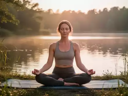 Eine Frau meditiert in einer Yin-Yoga-Pose auf einer Matte in einer ruhigen Naturlandschaft bei Sonnenaufgang. - Foto: über boerse-global.de