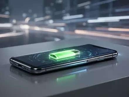 Ein schlankes, futuristisches Smartphone mit einem leuchtenden Bildschirm und einem dezenten Batteriesymbol auf einer reflektierenden Oberfläche. - Foto: über boerse-global.de