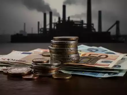 Ein Stapel Euromünzen und -scheine auf einem Holztisch, im Hintergrund eine verschwommene Silhouette eines Fabrikgebäudes. - Foto: über boerse-global.de