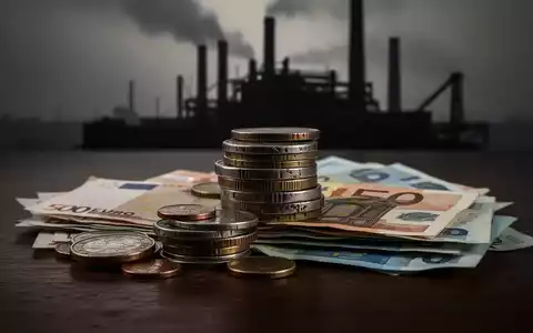 Ein Stapel Euromünzen und -scheine auf einem Holztisch, im Hintergrund eine verschwommene Silhouette eines Fabrikgebäudes. - Foto: über boerse-global.de