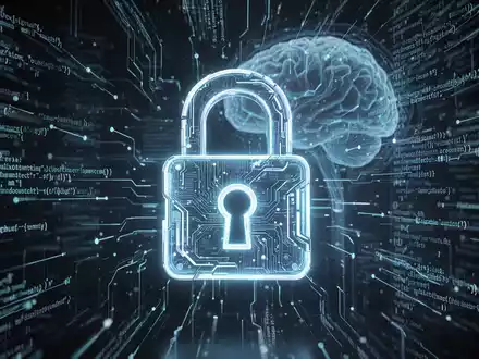 Leuchtendes digitales Schloss-Symbol, umgeben von Code und Datenströmen, mit einem schwachen KI-Gehirn im Hintergrund, das Cybersicherheit symbolisiert. - Foto: über boerse-global.de