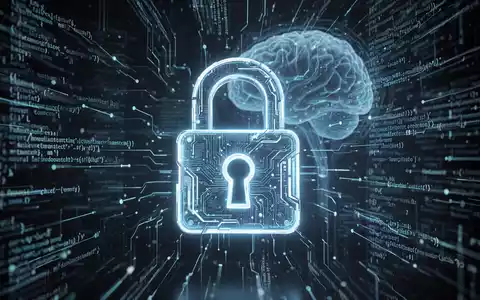 Leuchtendes digitales Schloss-Symbol, umgeben von Code und Datenströmen, mit einem schwachen KI-Gehirn im Hintergrund, das Cybersicherheit symbolisiert. - Foto: über boerse-global.de