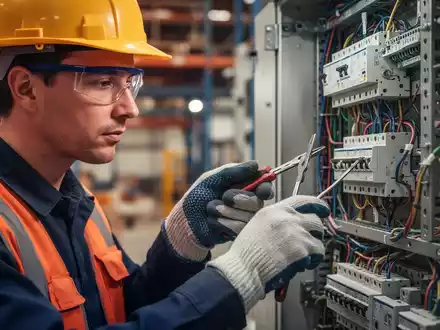 Nahaufnahme eines Arbeiters in Schutzausrüstung, der elektrische Leitungen oder ein Bedienfeld in einer Industrieumgebung inspiziert. - Foto: über boerse-global.de