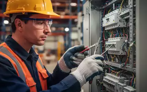 Nahaufnahme eines Arbeiters in Schutzausrüstung, der elektrische Leitungen oder ein Bedienfeld in einer Industrieumgebung inspiziert. - Foto: über boerse-global.de