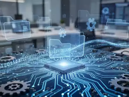 Leuchtend blaue Platine mit Binärcode, überlagert von abstrakten Ordnern und Zahnrädern, symbolisiert System-Updates und KI-Integration. - Foto: über boerse-global.de