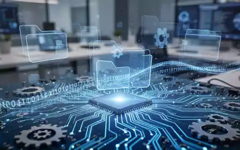 Leuchtend blaue Platine mit Binärcode, überlagert von abstrakten Ordnern und Zahnrädern, symbolisiert System-Updates und KI-Integration. - Foto: über boerse-global.de