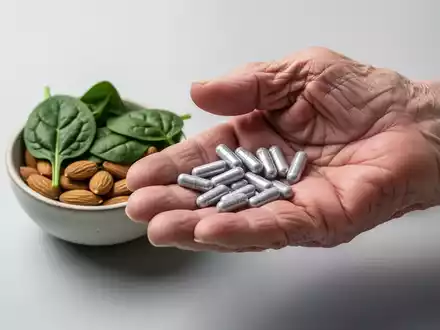 Eine ältere Hand hält Magnesiumpräparate und daneben eine Schale mit magnesiumreichen Lebensmitteln. Fokus auf Gesundheitsvorsorge im Alter. - Foto: über boerse-global.de