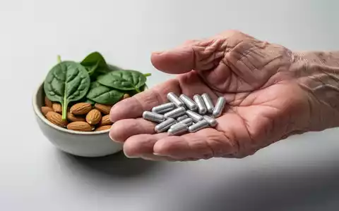 Eine ältere Hand hält Magnesiumpräparate und daneben eine Schale mit magnesiumreichen Lebensmitteln. Fokus auf Gesundheitsvorsorge im Alter. - Foto: über boerse-global.de
