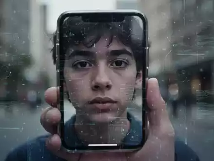 Ein junges Gesicht spiegelt sich fragmentiert in einem Smartphone-Bildschirm, umgeben von digitalen Mustern in einer unscharfen Umgebung. - Foto: über boerse-global.de