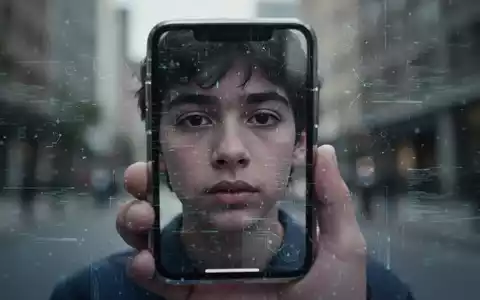 Ein junges Gesicht spiegelt sich fragmentiert in einem Smartphone-Bildschirm, umgeben von digitalen Mustern in einer unscharfen Umgebung. - Foto: über boerse-global.de