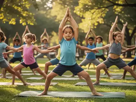 Kinder und Jugendliche praktizieren Yoga und Entspannungsübungen in einem sonnigen Park, um mentale Gesundheit zu fördern. - Foto: über boerse-global.de