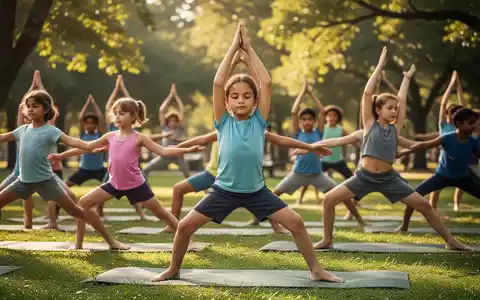 Kinder und Jugendliche praktizieren Yoga und Entspannungsübungen in einem sonnigen Park, um mentale Gesundheit zu fördern. - Foto: über boerse-global.de