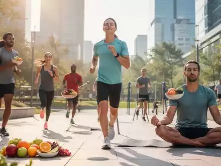 Eine Gruppe von Menschen, die in einem modernen Stadtpark joggen, frisches Obst essen und meditieren, symbolisiert Prävention und Gesundheit. - Foto: über boerse-global.de