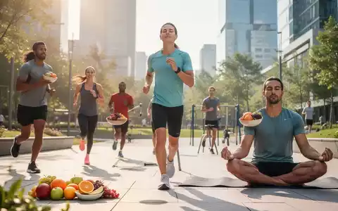 Eine Gruppe von Menschen, die in einem modernen Stadtpark joggen, frisches Obst essen und meditieren, symbolisiert Prävention und Gesundheit. - Foto: über boerse-global.de
