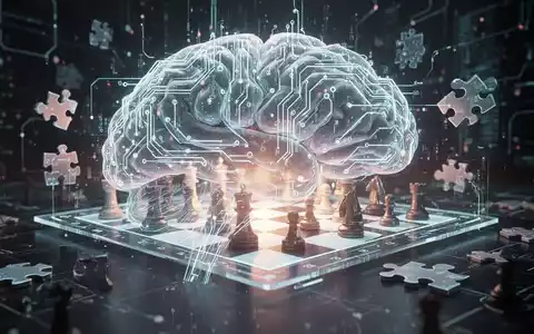 Abstrakte Darstellung eines Gehirns aus leuchtenden Schaltkreisen, verwoben mit einem holografischen Schachbrett und Puzzleteilen. - Foto: über boerse-global.de