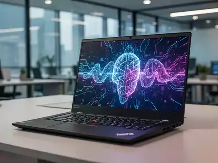 Professionelle Lenovo ThinkPad P16s mobile Workstation mit leuchtendem Bildschirm auf einem Schreibtisch in einem modernen Büro. - Foto: über boerse-global.de