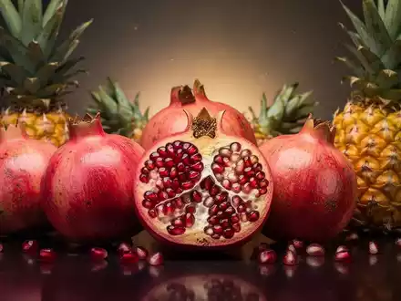 Eine lebendige Anordnung von frischen Granatäpfeln und Ananas auf einer dunklen, reflektierenden Oberfläche, die ihre Farben und Texturen hervorhebt. - Foto: über boerse-global.de