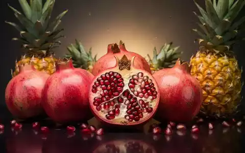 Eine lebendige Anordnung von frischen Granatäpfeln und Ananas auf einer dunklen, reflektierenden Oberfläche, die ihre Farben und Texturen hervorhebt. - Foto: über boerse-global.de