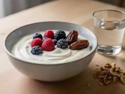 Eine Schale Joghurt mit Beeren und Datteln, daneben Nüsse und ein Glas Wasser auf einem Holztisch. - Foto: über boerse-global.de
