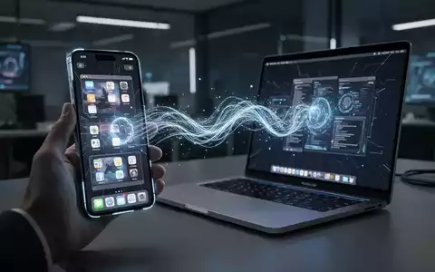 Eine Hand hält ein futuristisches iPhone mit Mac-Desktop, drahtlos verbunden mit einem eleganten MacBook in einem High-Tech-Büro. - Foto: über boerse-global.de