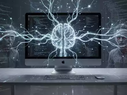 Futuristisches Apple Mac Studio-Setup mit leuchtenden neuronalen Netzlinien, die lokale KI-Verarbeitung darstellen. - Foto: über boerse-global.de