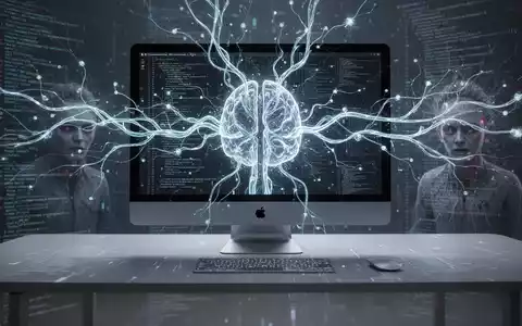 Futuristisches Apple Mac Studio-Setup mit leuchtenden neuronalen Netzlinien, die lokale KI-Verarbeitung darstellen. - Foto: über boerse-global.de