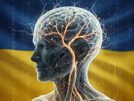 Abstrakte Darstellung eines menschlichen Kopfes mit leuchtenden neuronalen Pfaden und digitalen Codes, in ukrainischen Farben. - Foto: über boerse-global.de