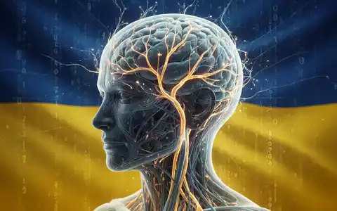Abstrakte Darstellung eines menschlichen Kopfes mit leuchtenden neuronalen Pfaden und digitalen Codes, in ukrainischen Farben. - Foto: über boerse-global.de