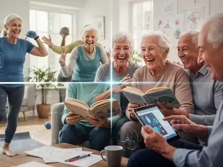 Eine Gruppe aktiver Senioren, die verschiedene gehirnstimulierende Aktivitäten ausüben, darunter Sport, soziale Interaktion, Lesen und die Nutzung eines Tablets. - Foto: über boerse-global.de