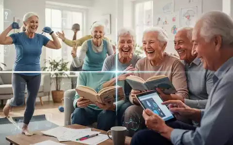 Eine Gruppe aktiver Senioren, die verschiedene gehirnstimulierende Aktivitäten ausüben, darunter Sport, soziale Interaktion, Lesen und die Nutzung eines Tablets. - Foto: über boerse-global.de