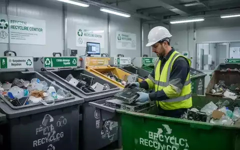 Ein moderner Wertstoffhof mit Containern für verschiedene Abfälle und einem Mitarbeiter, der Elektroschrott sortiert. - Foto: über boerse-global.de