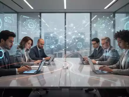 Ein modernes Büro mit digitalen Schnittstellen, holografischen Datenprojektionen und zusammenarbeitenden Fachleuten. - Foto: über boerse-global.de