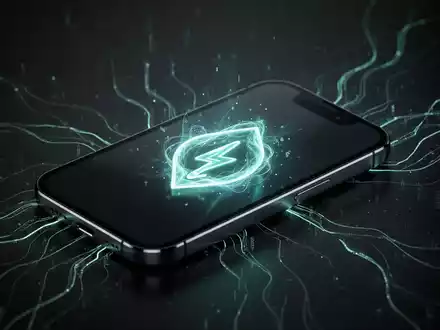 Ein schlanker Smartphone-Bildschirm zeigt ein leuchtendes, abstraktes Energiespar-Symbol, das adaptives Energiemanagement und Effizienz symbolisiert. - Foto: über boerse-global.de