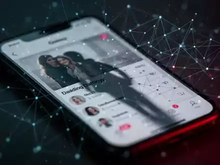 Verschwommener Dating-App-Bildschirm mit digitalem Netzwerk-Overlay, das Cyber-Spionage andeutet. - Foto: über boerse-global.de