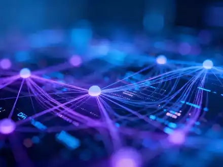 Abstrakte Darstellung des dezentralen Finanzsektors (DeFi) mit digitalen Knoten und Lichteffekten, die Entscheidungsfindung and Innovation symbolisieren. - Foto: über boerse-global.de