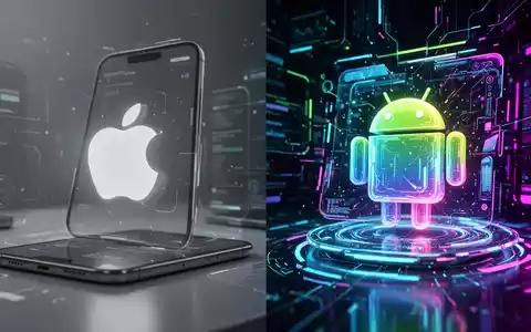 Abstrakte, leuchtende Darstellungen von Apples iOS und Googles Android als Symbole neuer KI-Funktionen. - Foto: über boerse-global.de